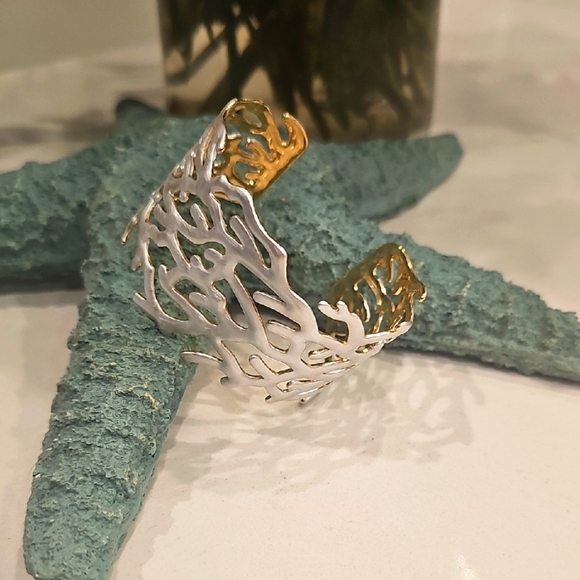 Highline Collective Jewelry - Silver and Gold Tone Beach Coral Cuff Bracelet NWT